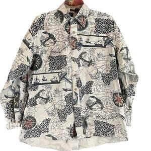 Vintage Van Heusen 417 Over Easy Nautical Theme Long Sleeve Button Down Shirt M